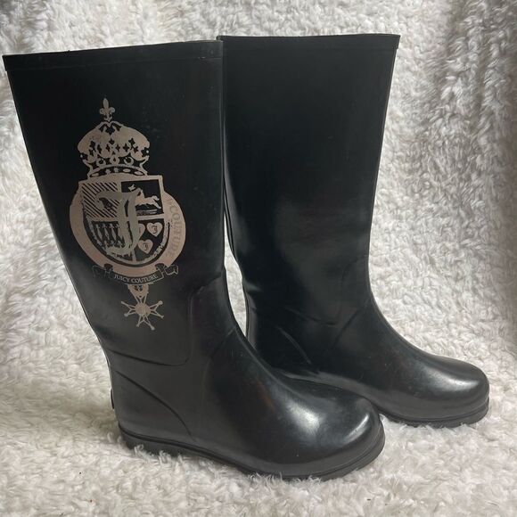 Juicy Couture Black rubber knee high rain boots with pink side logo design SZ9 - Picture 2 of 10
